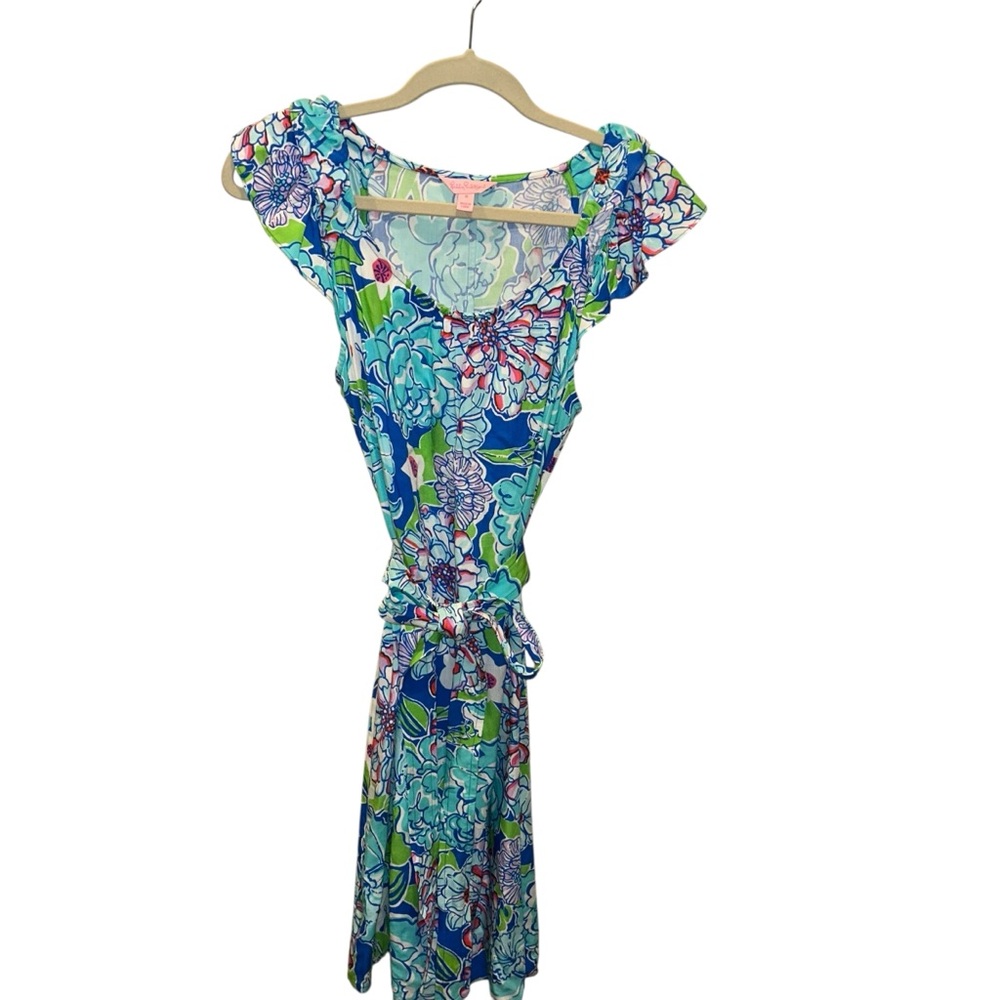 Lilly Pulitzer Blue and Green Floral Dress S flutter sleeve tie dress